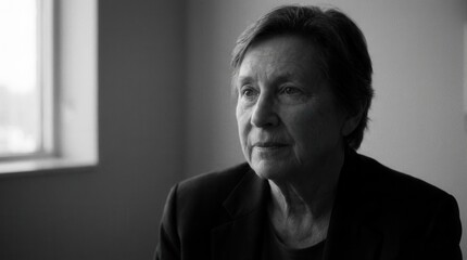 Fototapeta premium Senior Woman Portrait In Thoughtful Pose Looking Off Camera In Black And White