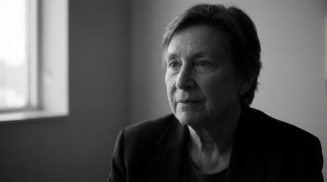 Senior Woman Portrait In Thoughtful Pose Looking Off Camera In Black And White
