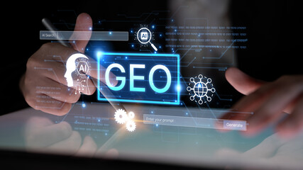 Obraz premium Digital marketing concept featuring GEO strategy. Generative AI search visual shows GEO interface integrating intelligence, logic, and AI input system for prompt tasks. Corpus