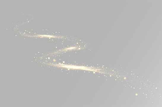 Abstract magic golden light trail with zigzag glowing wave and sparkling stardust particles