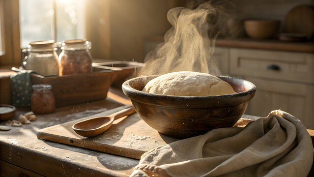 Fresh bread dough rising in wooden bowl with steam rising in warm rustic kitchen sunlight.