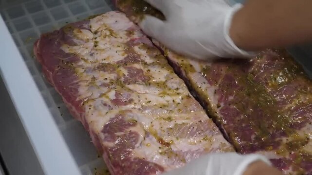 Close-up shot of a professional chef wearing white gloves, rubbing a mix of herbs and spices onto fresh, raw pork ribs in a kitchen setting. This footage is ideal for cooking shows, food blogs, or adv