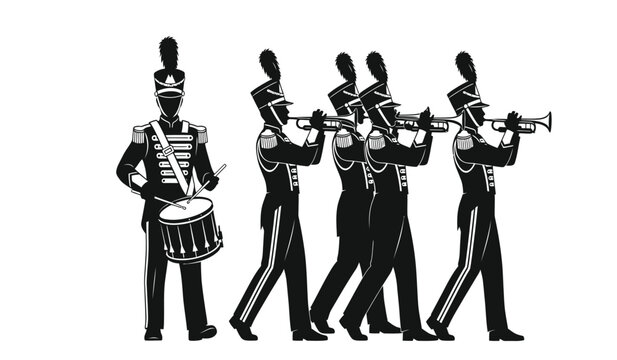 A striking depiction of a marching band composed of five musicians in full uniform rendered as a bold silhouette high quality professional detailed modern