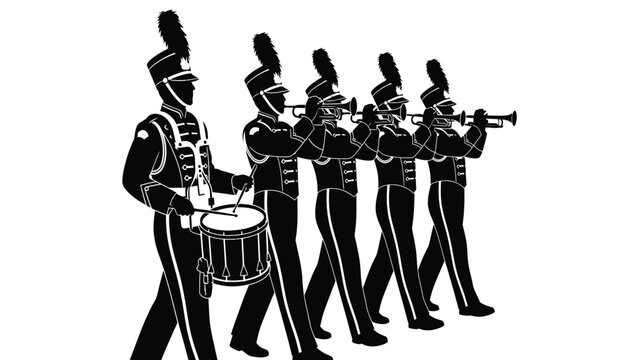 A line of musicians in ornate military uniforms plays brass instruments and percussion creating a striking visual silhouette high quality professional detailed modern elegant
