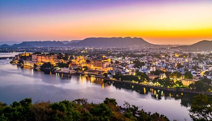 Obraz premium Cityscape with lake at dusk