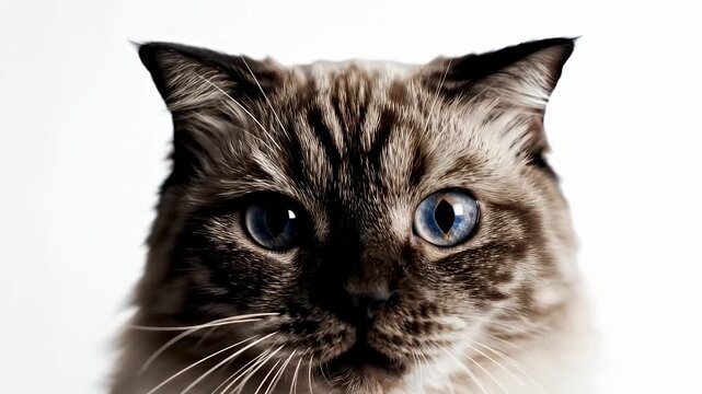 Ragdoll Cat Portrait with Blue Eyes - This close-up portrait features a ragdoll cat with striking blue eyes and a unique coat pattern against a bright white background.