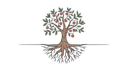 Fototapeta premium Red and keywords white tree with roots and leaves on white background