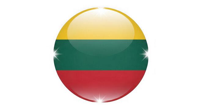 Glossy circular button icon featuring the national flag of lithuania with yellow green and red stripes isolated on transparent background