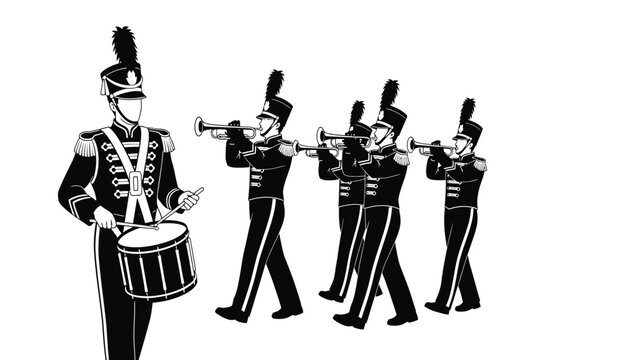 A striking depiction of a marching band featuring a drum major and musicians with brass instruments presented as a silhouette high quality professional detailed