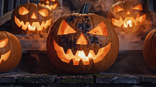 Halloween Jack O' Lanterns on Wooden Steps - Several carved pumpkins with menacing faces glow from within, set on weathered wooden steps.