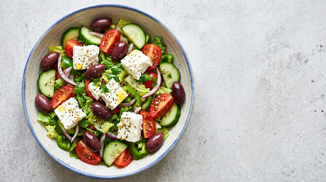 Top view of fresh Greek salad with feta cheese, Kalamata olives, cucumbers and red onions in a bowl on a light concrete background. Includes copy space for text. Healthy Mediterranean diet
