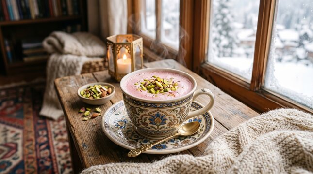 Authentic Kashmiri Pink Chai with Pistachios and Saffron in a Cozy Winter Setting