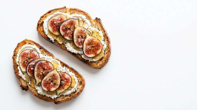 Sourdough toast with goat cheese, fresh figs, and honey on a white background with copy space. Flat lay, top view of healthy breakfast or appetizer