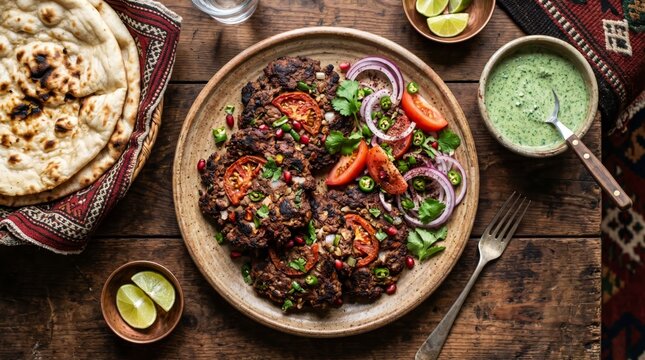 Overhead view of authentic Pakistani Chapli Kebab, Naan, Chutney, and Limes on a rustic wooden table.