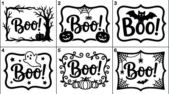 Halloween boo with pumpkin spider bat ghost and stars decorative frame vector art