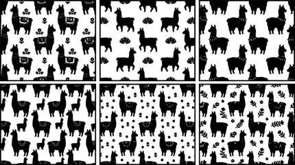 Fototapeta premium Black and white seamless llama pattern with floral and leaf motifs vector art set