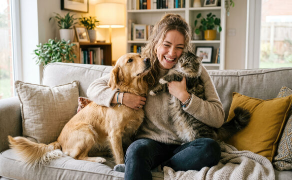 Young woman hugging her dog and cat on a cozy sofa at home. Happy pet owner, love for pets. 