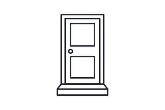 Entrance door icon isolated on white background. Minimalist flat vector illustration in outline style for home, house, apartment, or office building entrance. Modern design for web and app UI.