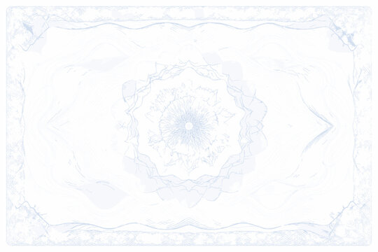 Elegant blue security guilloche background for certificates, diplomas, and financial documents. Intricate vector line art with central rosette and ornamental border for banknote and voucher.