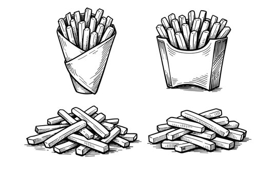 Hand-drawn French fries vector illustration set in a vintage black and white sketch style, featuring potato chips in a paper cone, cardboard box, and scattered piles for fast food menu design.