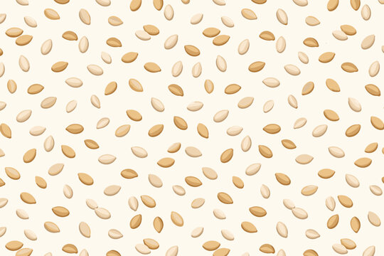 Seamless vector pattern of scattered white and toasted sesame seeds on a light cream background. Simple flat vector illustration of healthy organic seeds for food packaging, textile, and wallpaper.