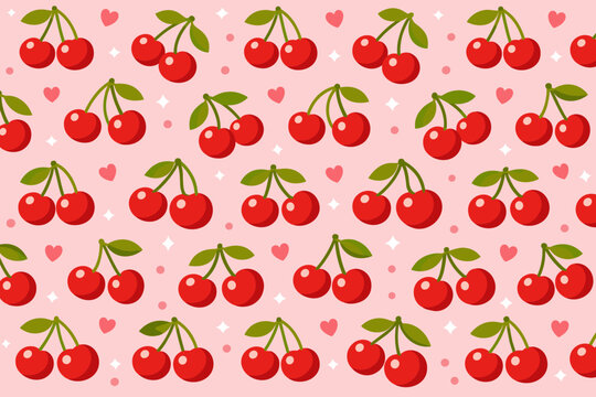 Seamless pattern featuring cute red cherries with green leaves, tiny hearts, and sparkles on a sweet pink background. Simple flat vector illustration for textile, wallpaper, and gift wrap design.