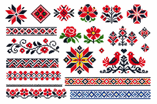 Ukrainian Embroidery Ornament Set with Traditional Pattern Designs in Geometric Cross-Stitch Style, Featuring Folk Vyshyvanka Floral Motifs, Birds, and Ethnic Borders for Cultural Decoration.