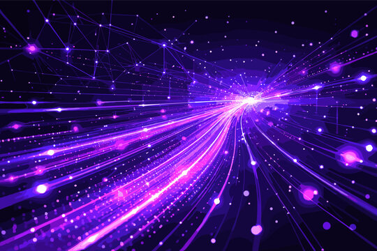 Abstract futuristic vector background with vibrant purple and pink light trails representing high-speed data transmission, artificial intelligence networks, fiber optics, and digital flow.