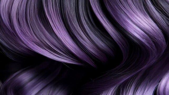 Wavy hair with vibrant purple highlights and dark base. Professional hairstyle texture for beauty salon promotion. Shiny cosmetic trend for trendy hair coloring.