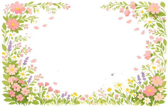 Watercolor Floral Border with Delicate Wildflowers and Botanical Elements, Spring Garden Blooms Frame for Wedding Invitations, Greeting Cards, and Decorative Background, Hand-Painted Vector Art