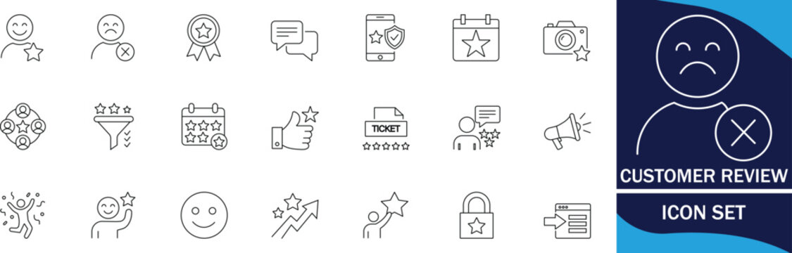 Customer review icons set customer, review, feedback, rating, testimonial, satisfaction, star related premium editable vector graphics.