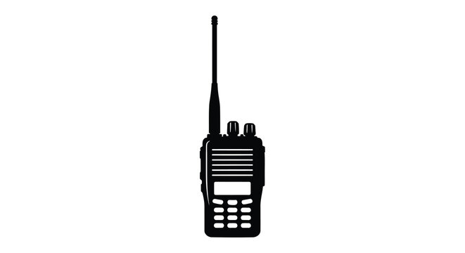 Simple black silhouette of a handheld two way radio with an antenna