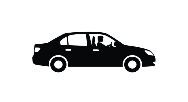 Simple black silhouette of a sedan car with a driver inside