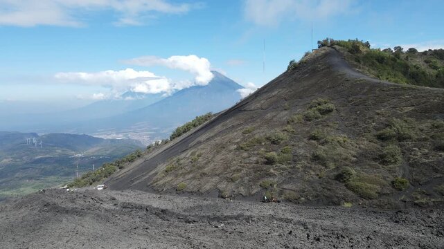 Scenic aerial view of pacaya volcano in guatemala. Hermosa Vista desde la cima del volc&aacute;n Pacaya en Guatemala. Dron aerial View 