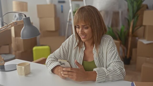 Middle aged blonde woman holding smartphone, hands to face, sitting at table amid stacked moving boxes in a building; moving stress relocation.