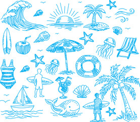 Obraz premium Vintage Beach Brush Art Vector Hand Drawn Surfboard, Wave, Palm Tree, Summer Travel Illustration Collection
