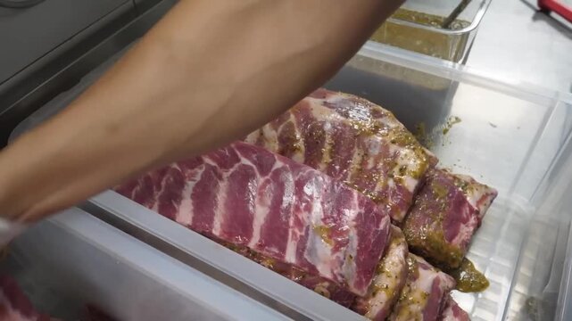 A chef wearing white protective gloves is captured in a close-up shot, generously applying a mustard-based spice rub to raw pork ribs within a large plastic storage container. The scene highlights the