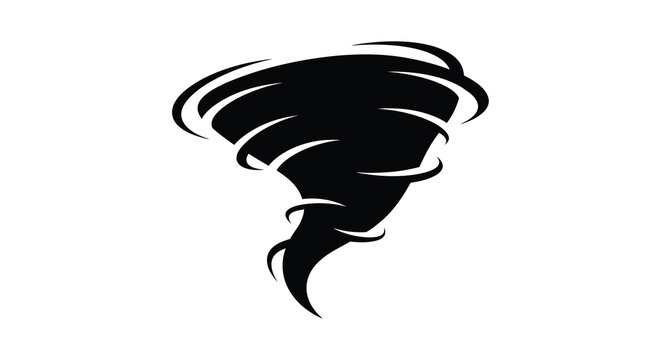 A stylized black silhouette depicts a swirling powerful tornado formation