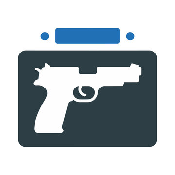 Vector graphic of a gun icon in a dark grey box with a blue progress bar