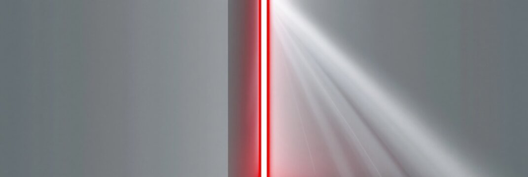 Vertical red beam casting diagonal white rays in gray field