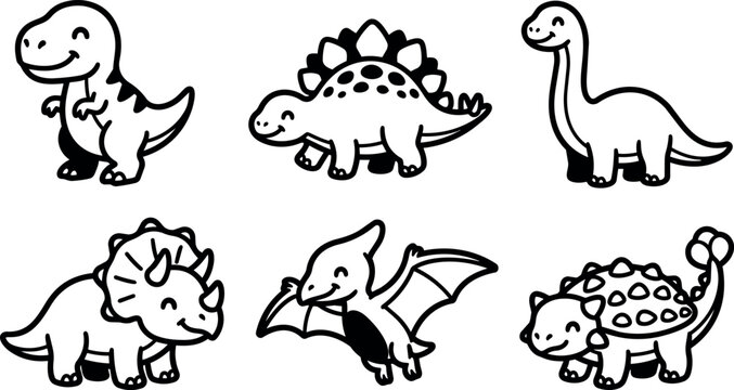 Black and white cute dinosaur line art set with smiling prehistoric animals