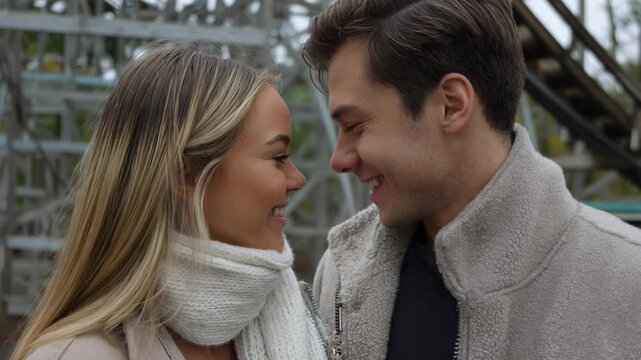 Young couple smiling and embracing outdoors with a roller coaster in the background
