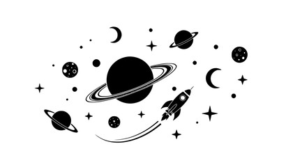 Space Illustration with Rocket, Planets, Stars, and Moon Elements in Minimal Black Silhouette Style for Astronomy, Exploration, and Cosmic Design Projects © MINARA