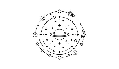 Space Orbit Illustration with Planets, Rocket, Stars, and Circular Galaxy Elements in Minimal Line Style for Astronomy, Science, and Cosmic Design © MINARA