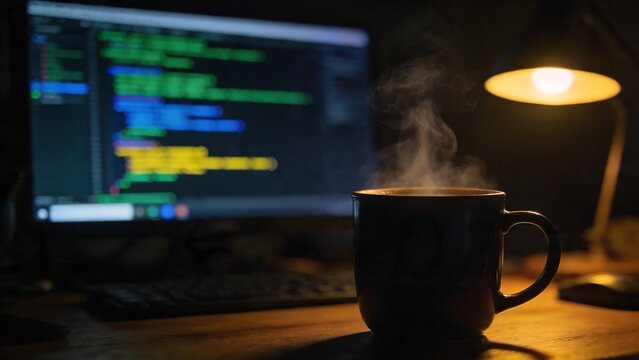 A hot cup of coffee sits on the desk. A blurry computer screen displays green, blue, and yellow color codes on a dark background.