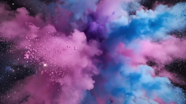 Colorful Dust Explosion in Space - An eye-level shot features a vibrant explosion of colorful powder paint, primarily pink, purple, and blue, against a backdrop of stars.