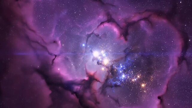 Purple Nebula Star Cluster - This video shows a beautiful nebula with clusters of stars and swirling purple and pink clouds. The bright star clusters are surrounded by cosmic dust and gases.