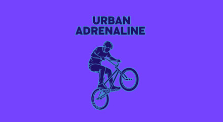 Naklejka premium Urban Adrenaline Thrill Of Bicycle Stunt Performing On Violet Background