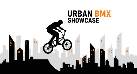 Naklejka premium Urban BMX Showcase: Silhouette of Rider Performing Stunt With Cityscape Background