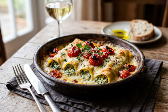 &Uuml;berbackene Cannelloni mit Spinat-Ricotta-F&uuml;llung und geschmorten Kirschtomaten in rustikaler Tonschale